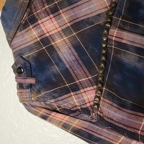 Miss Me Distressed Long Button Down Studded Plaid Shirt - Picture 11 of 11